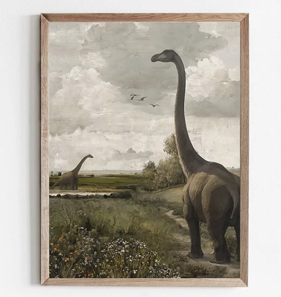 Brontosaurus in Neutral Antique Country Landscape, Dinosaur Prehistoric Art Print