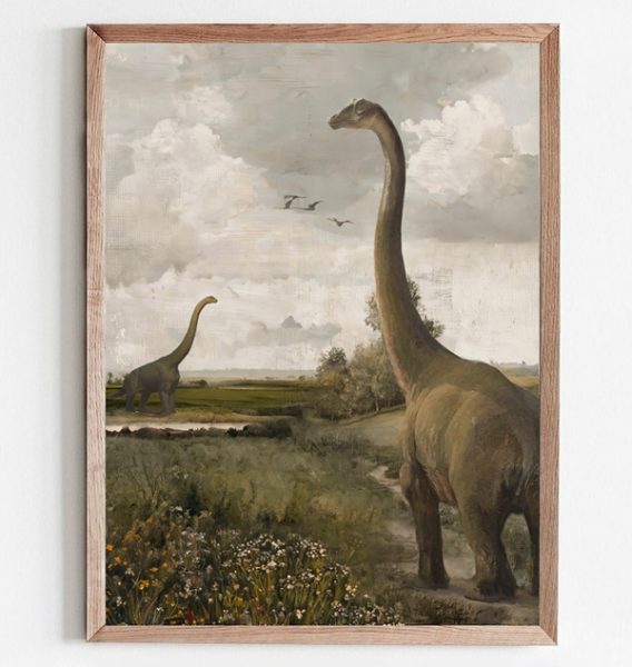 Brontosaurus in Neutral Antique Country Landscape, Dinosaur Prehistoric Art Print