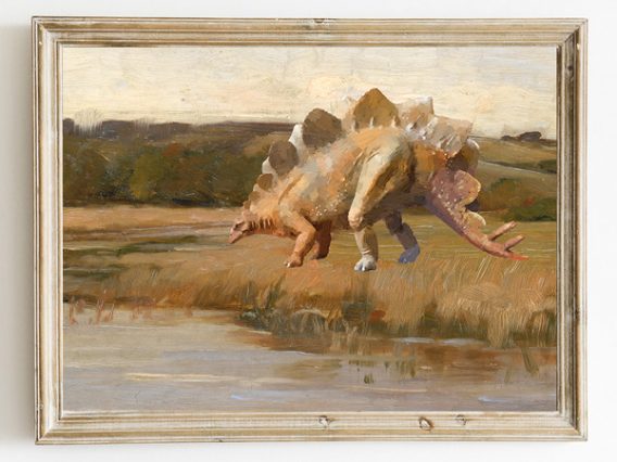 Country Western Landscape Stegosaurus Vintage Painting Dinosaur Rustic Oil Art Print