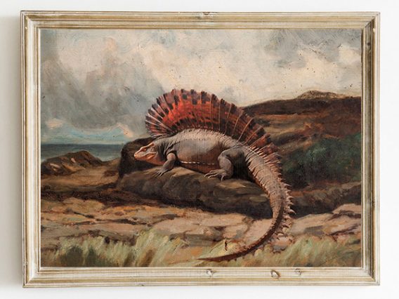 Dimetrodon Painting Print Landscape Lava Rocks Prehistoric Ancient mythological Decor