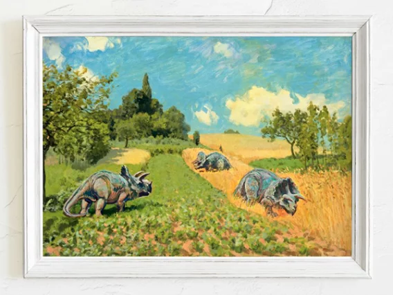 Farmland Triceratops Dinosaur Landscape for Children's Room, Vintage Kitsch Artwork Print