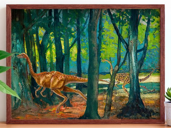 Green Woodland Forest Tree Landscape with Ornithomimus Dinosaurs, Animal Wall Decor Print