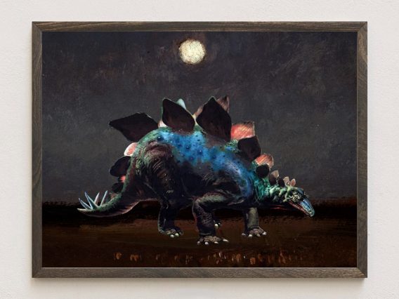 Stegosaurus in Moonlight Night Dinosaur Landscape Animal Dark Academia Painting Print