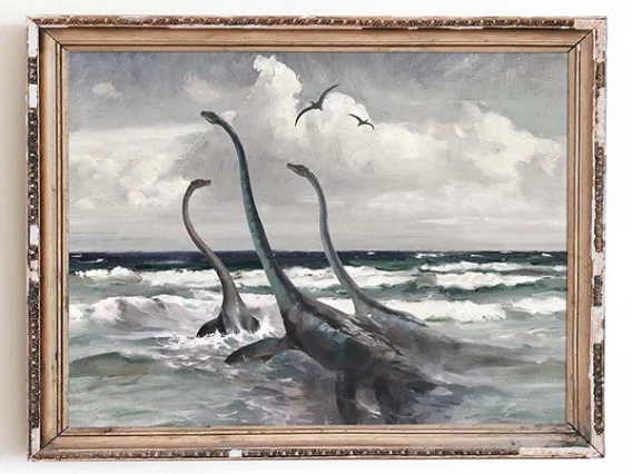 Mythical Plesiosaur Loch Ness Seascape Dinosaur Art Landscape Vintage Nautical Print