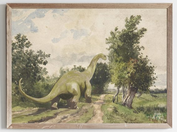 Children's Dinosaur Art Illustration Animal Nursery Art, Green Muted Landscape, Brontosaurs Wall Print in Watercolor