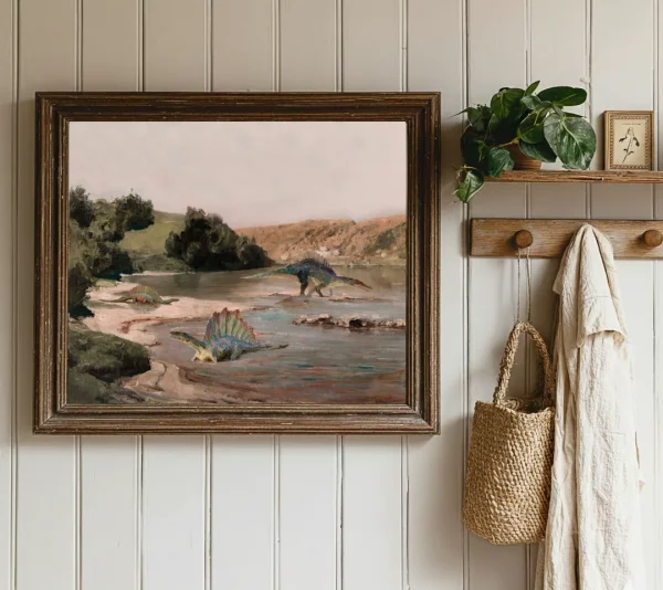 Rustic Swamp Painting Antique Wilderness Seascape Neutral on Canvas for Hallway Bathroom