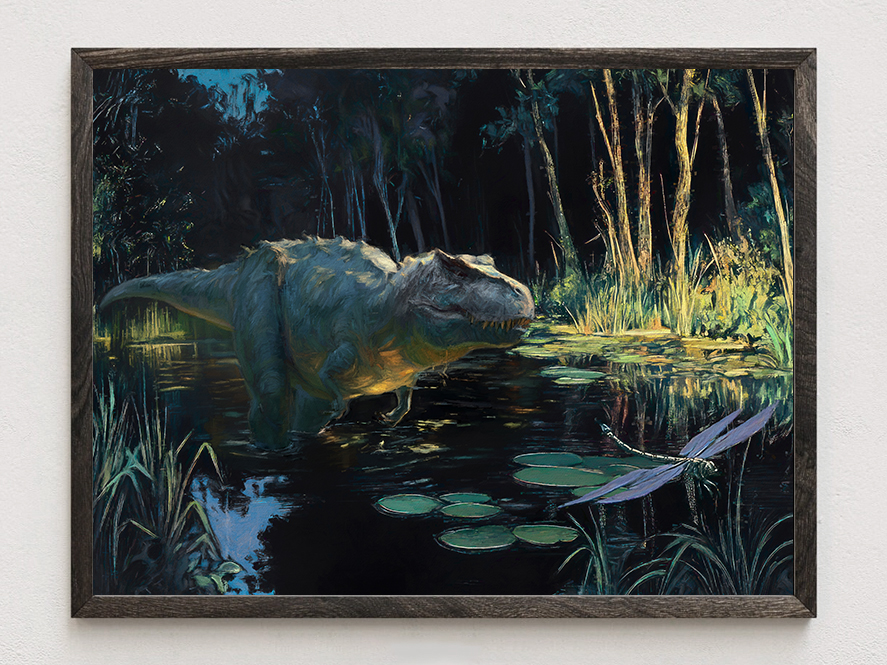 Tyrannosaurus-Rex-Dinosaur-swamp-Night-Dinosaur-print-Animal-Dark-Academia-Painting-Print